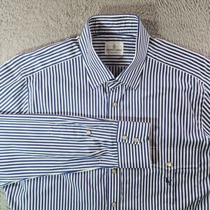 Emanuel Berg Shirt Men Large Pearl Snap Long Sleeve White Blue Striped‎ Cotton